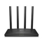 Black wireless router with four antennas