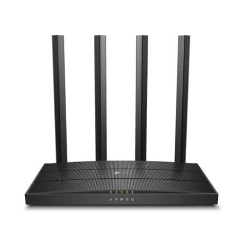 Black wireless router with four antennas