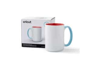 Cricut mug with blue handle and red interior