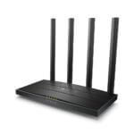 Black wireless router with four antennas