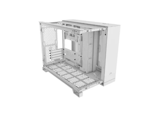 Open computer case without components installed.