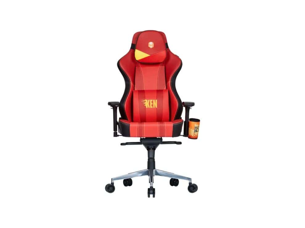 Red gaming chair with cup holder.