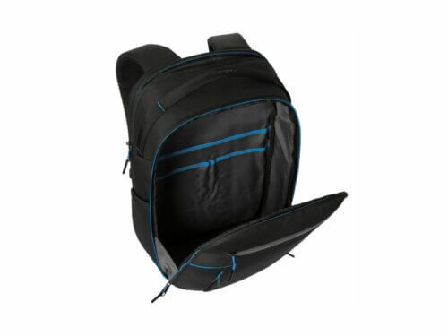 Open black backpack with multiple compartments