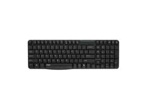 Black wireless computer keyboard with numeric keypad.