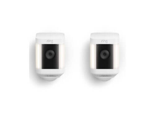 Two white Ring security cameras