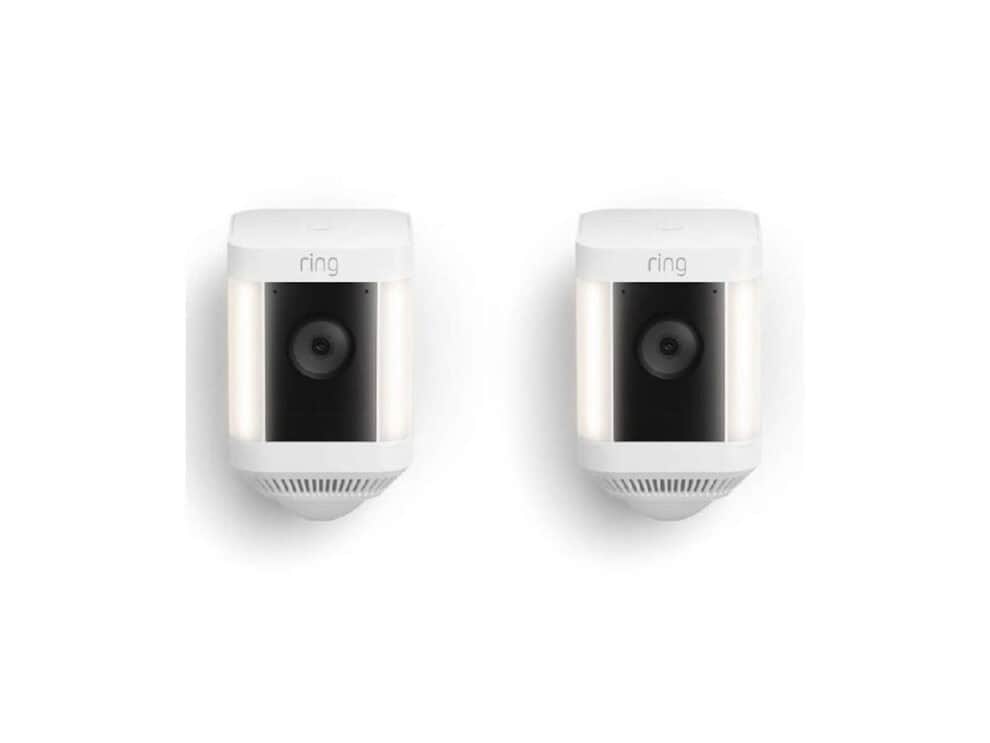 Two white Ring security cameras