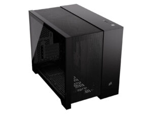 Black computer case with mesh front panel.