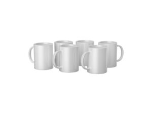 Set of six white coffee mugs.