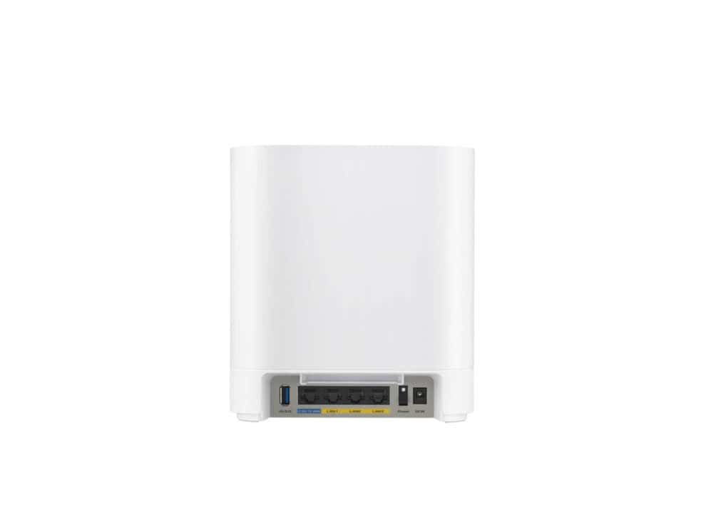 Back view of a white WiFi router.