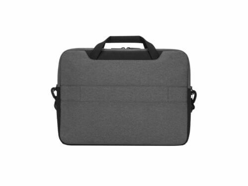 Gray laptop bag with handle and strap.
