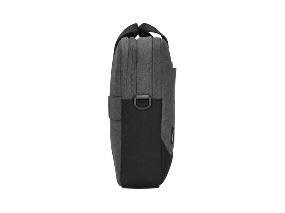 Side view of gray backpack