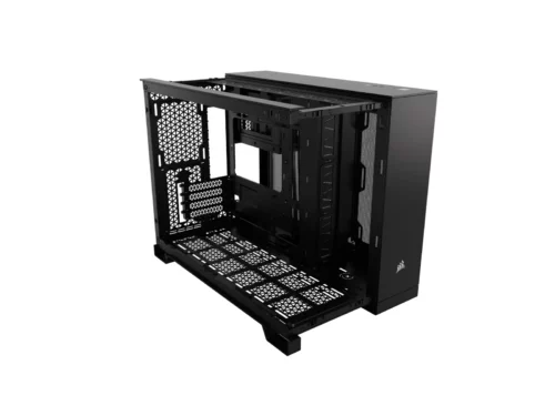 Open black computer chassis with metal frame