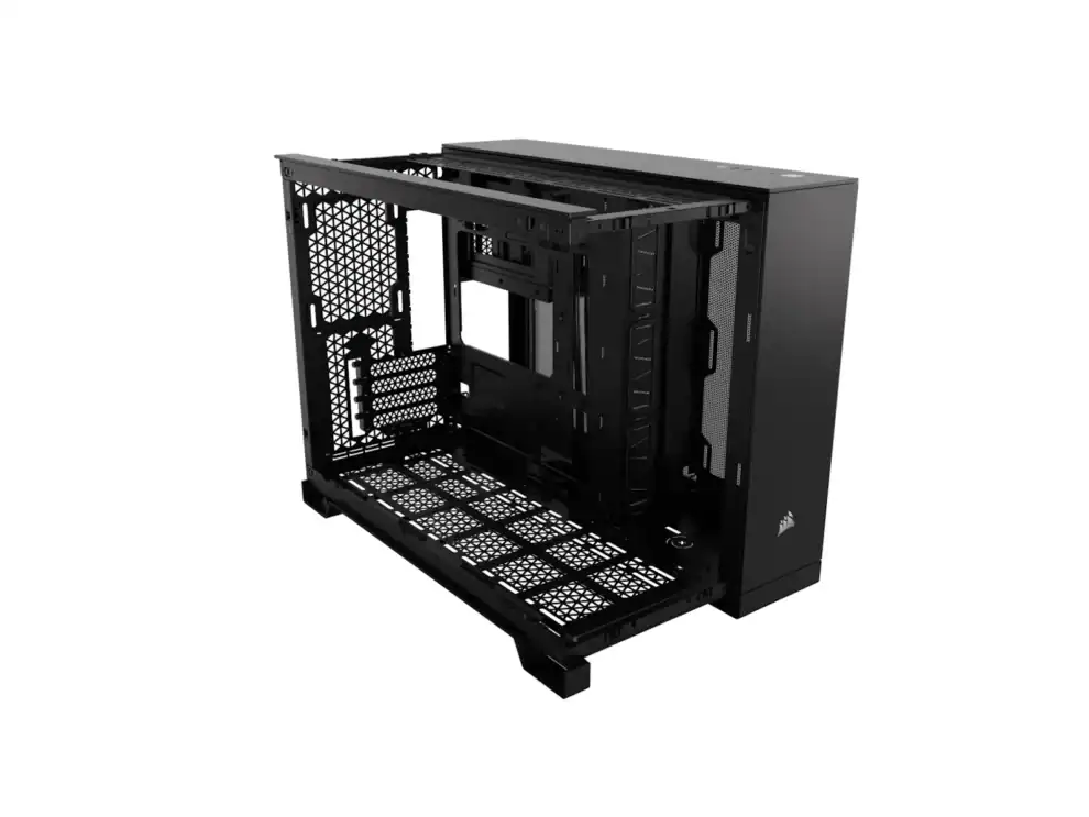 Open black computer chassis with metal frame