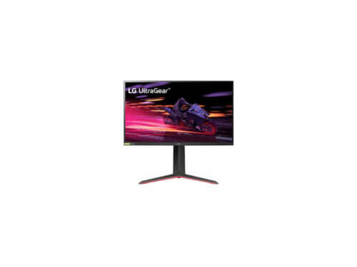 LG UltraGear gaming monitor with motorcycle graphic.