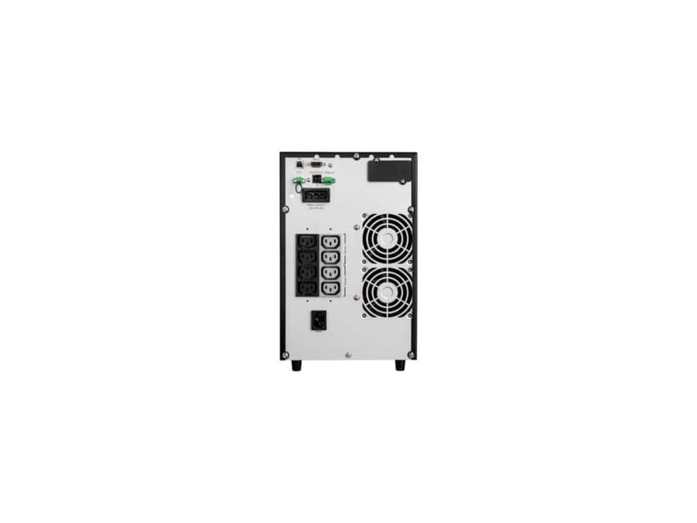 Rear view of electronic device with cooling fans.