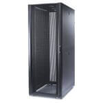 Black server rack cabinet with mesh door.