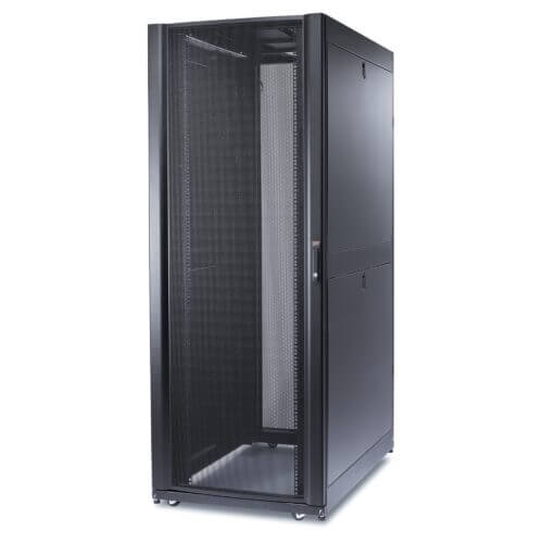 Black server rack cabinet with mesh door.