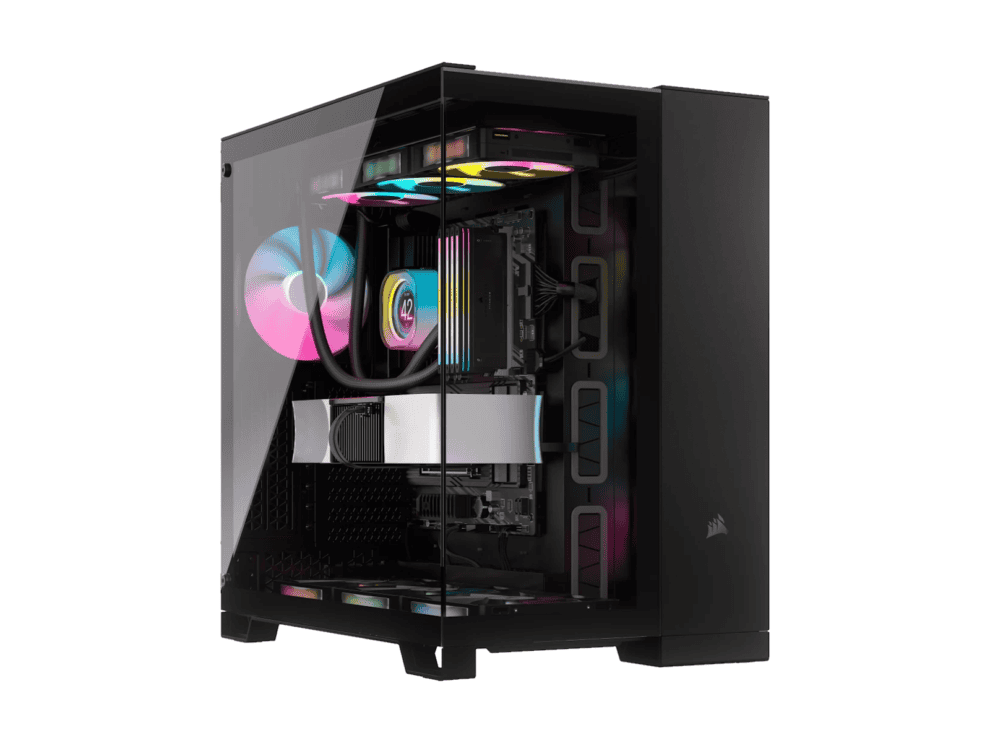 6500x mid tower dual chamber pc case; black Gaming PC with RGB components in glass case.