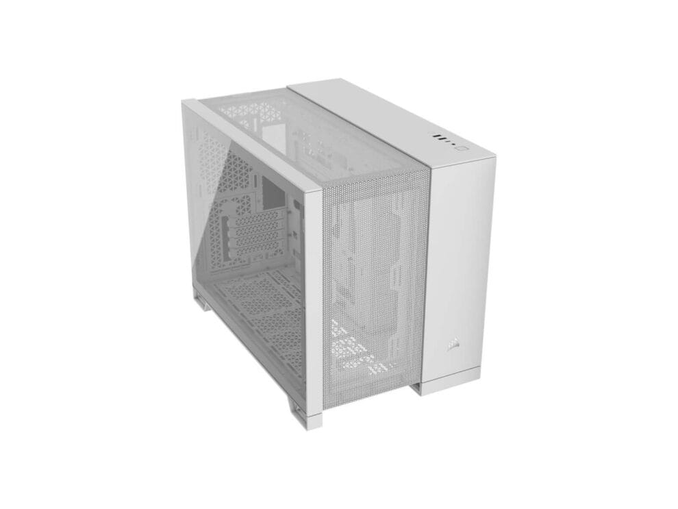 2500d airflow micro atx dual chamber pc case; white White ATX computer tower case with transparent side.