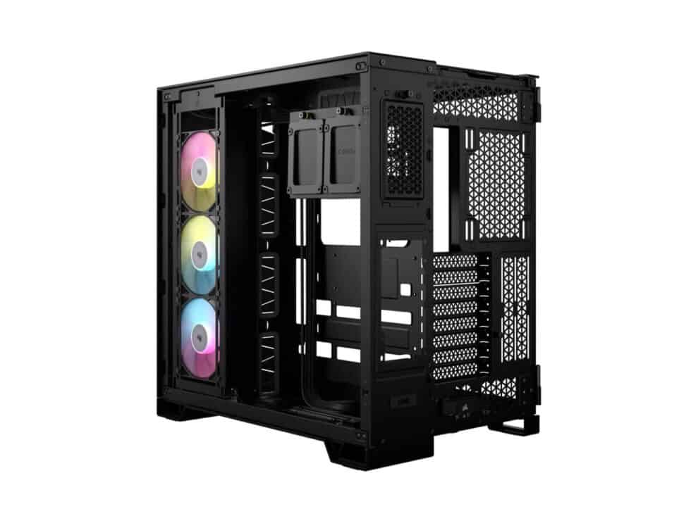 Open computer case with RGB fans.