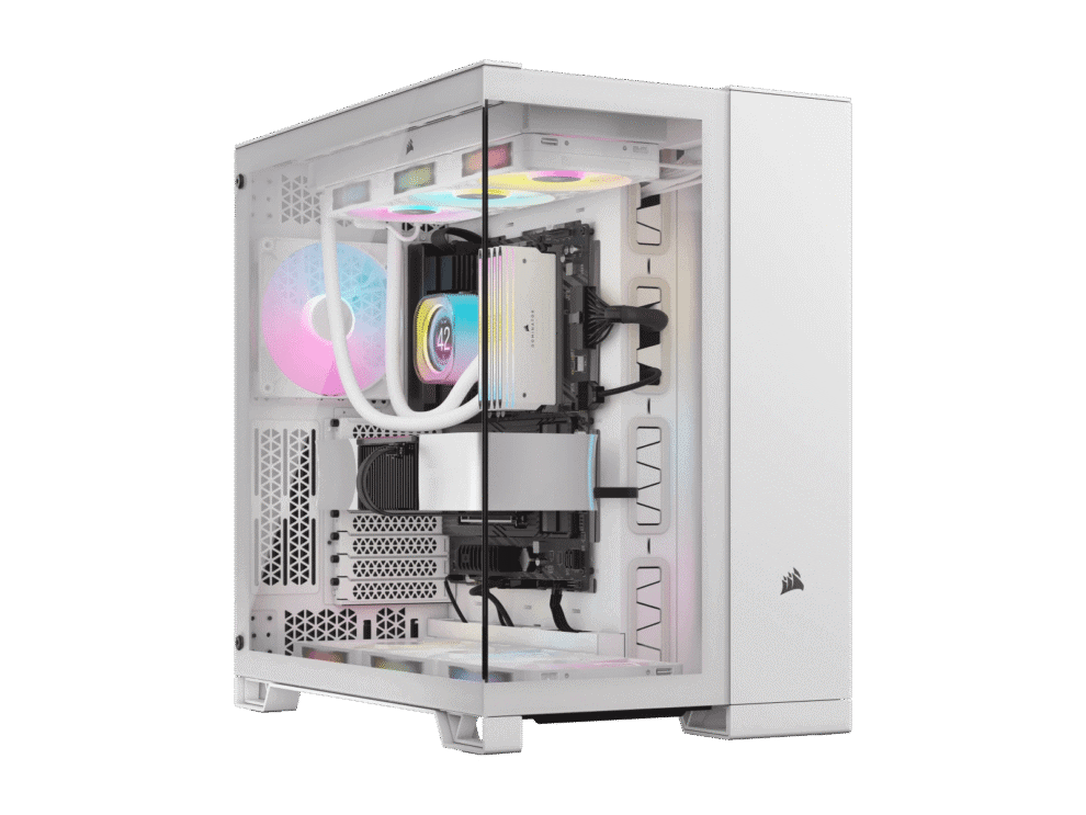 icue link 6500x rgb mid tower dual chamber pc case; white. White gaming PC with RGB lighting