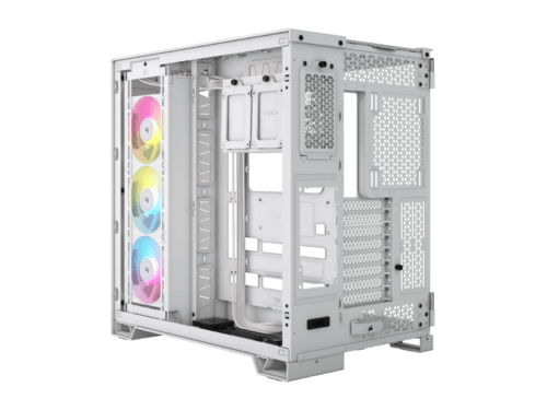 White RGB gaming PC case with side fans.