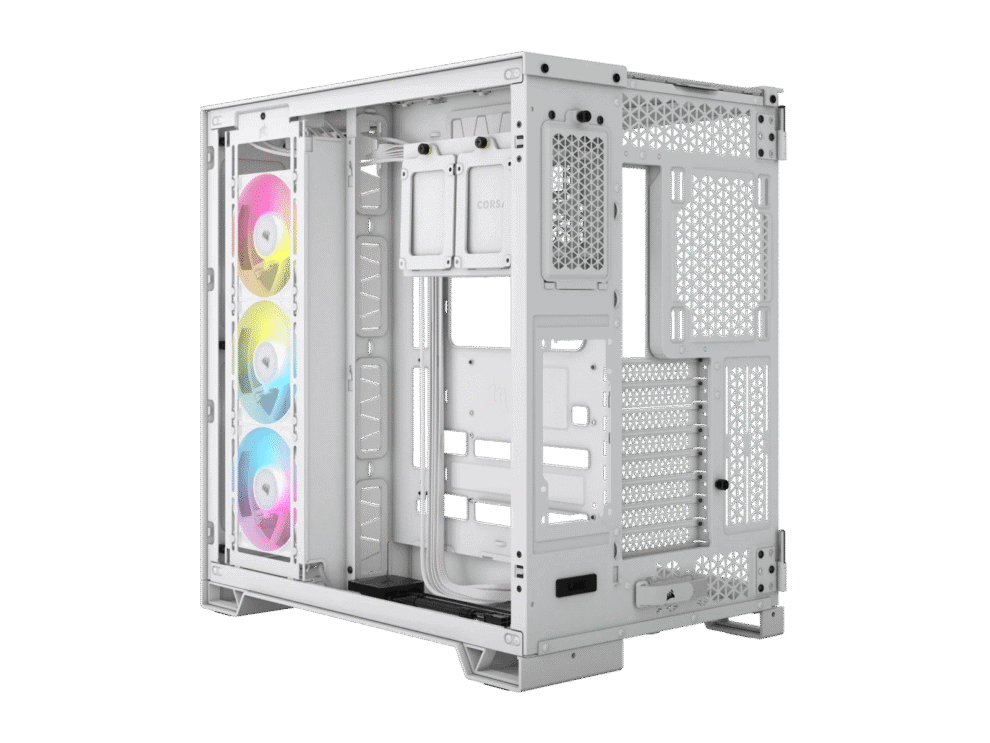 White RGB gaming PC case with side fans.