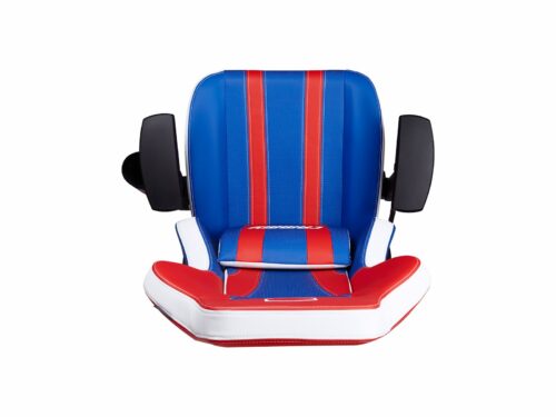 Blue and red booster seat with armrests