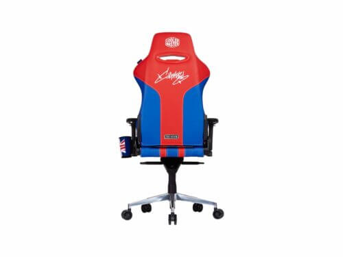 Red and blue gaming chair with logo and signatures