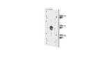 Metal mounting bracket with screws and holes.
