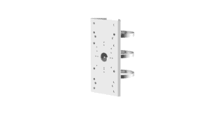 Metal mounting bracket with screws and holes.