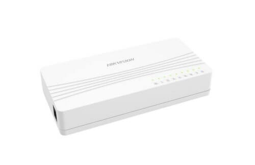 Hikvision white network switch with LED indicators