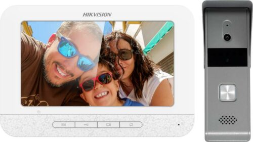 Hikvision video doorbell screen with family photo.