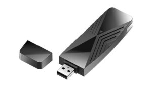 Black USB flash drive with cap removed.