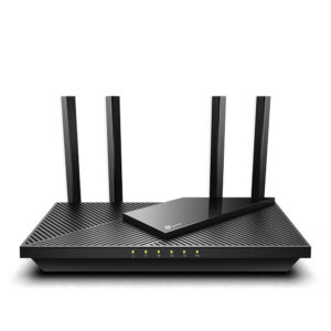 Black WiFi router with four antennas