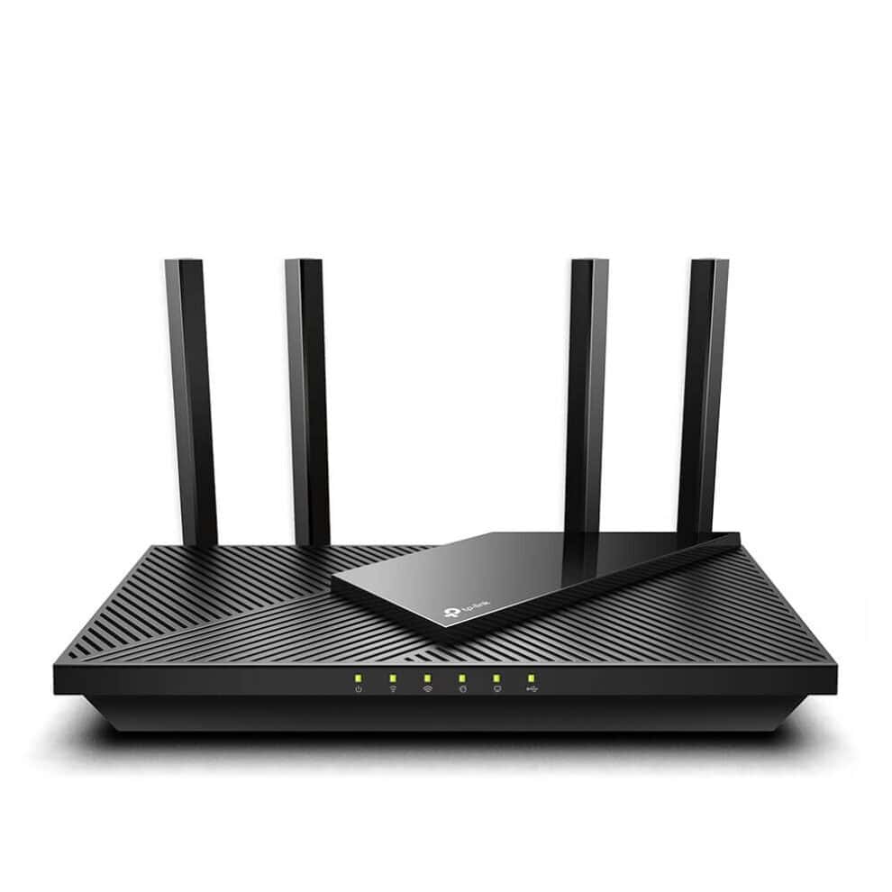 Black WiFi router with four antennas