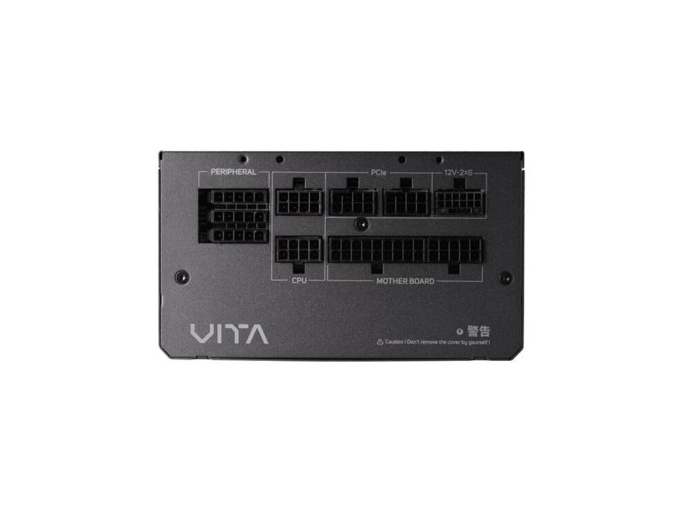 Power supply unit with labeled ports and brand logo