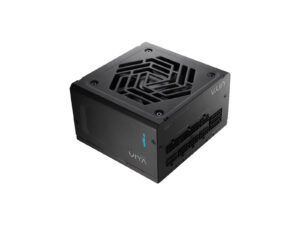 Black power supply unit with cooling fan.