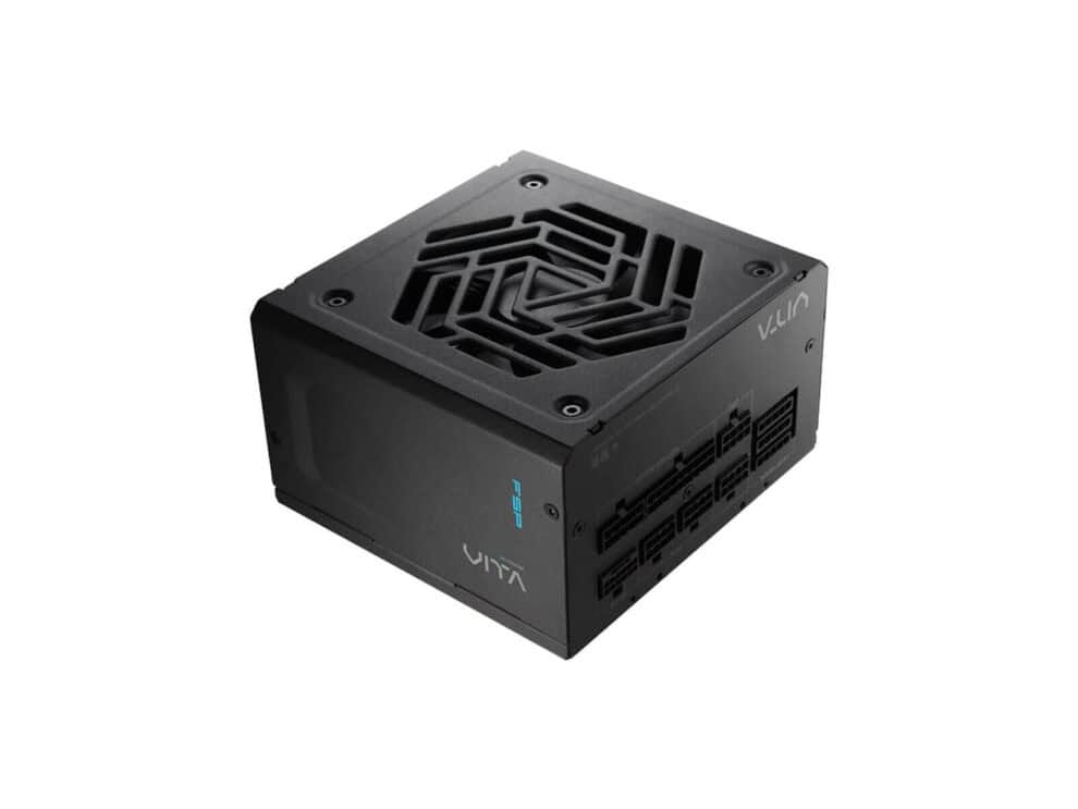 Black power supply unit with cooling fan.