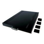 Black steel grill plate with handle, four small pads