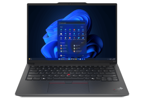 Open ThinkPad laptop with Windows 11 screen.