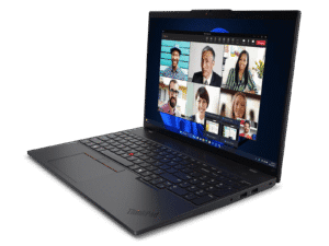 Laptop with video conferencing screen.