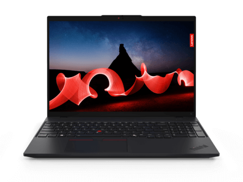 Lenovo ThinkPad laptop with illuminated screen.