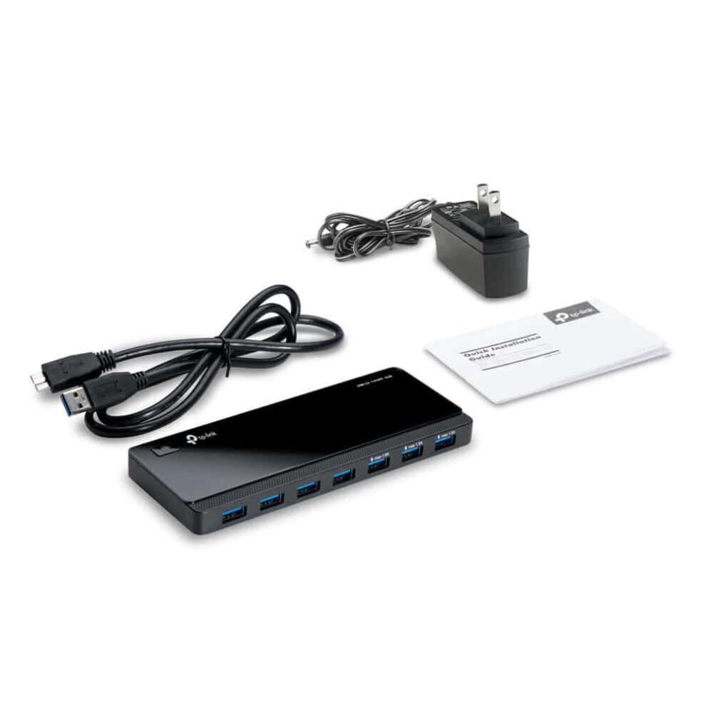 7-port USB hub with cables and power adapter