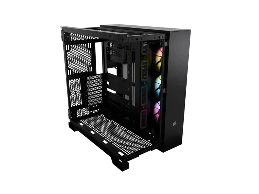 Open black PC case with RGB fans