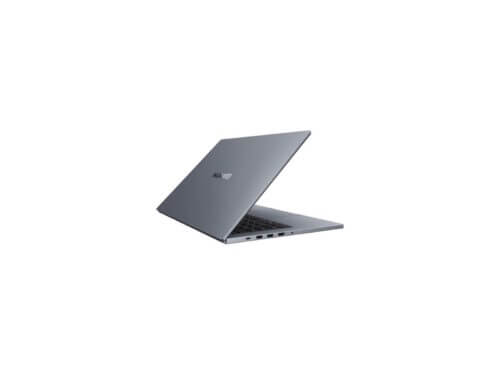 Partially open gray laptop