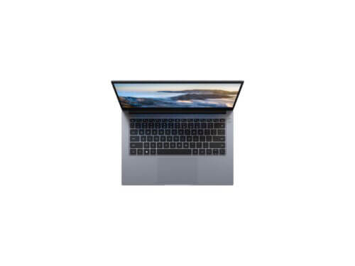 Gray laptop with open screen and keyboard