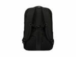 Back view of black backpack with straps.