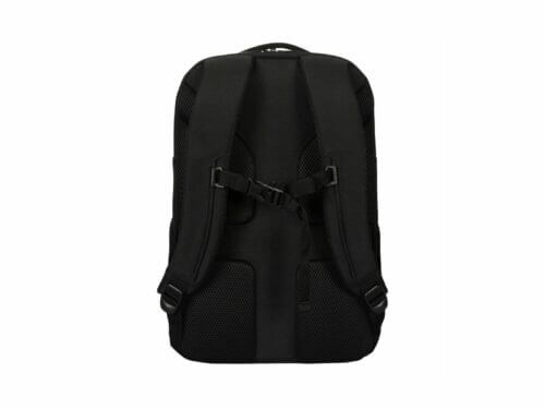 Back view of black backpack with straps.