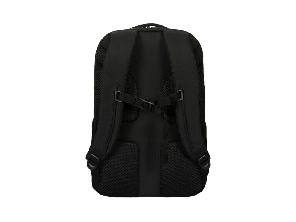 Back view of black backpack with straps.